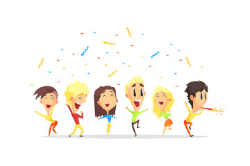 Sticker - Happy People Having Fun and Jumping, Young Men and Women Dancing Cartoon Vector Illustration