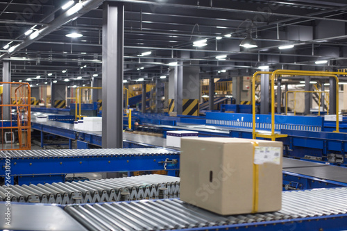 Cuadros en Lienzo Automated warehouse. Boxes moving on conveyer