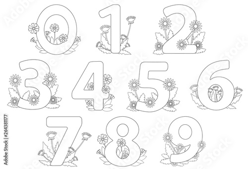 numbers from zero to nine with flowers leaves and butterfly