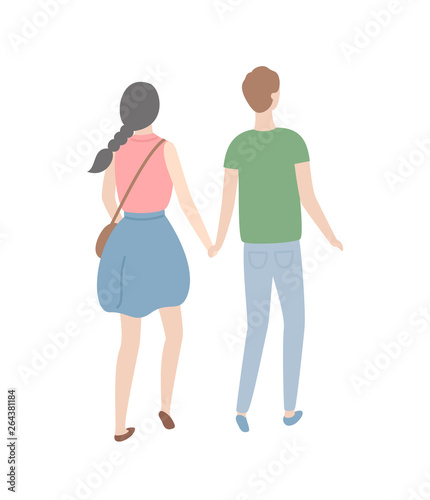 Cartoon People Isolated Man And Woman Back View Vector Girl With Braid And Boy In Green T Shirt Teenagers Holding Hands Isolated Couple In Love Male And Female Stock Vector Adobe Stock