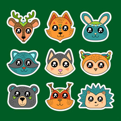  Fashion patch badges with deer, squirrel, hare, rabbit, owl, raccoon and other. Very large set of girlish and boyish stickers, patches in cartoon isolated.Trendy print for backpacks, things, clothes