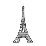 Fototapeta Paryż - Eiffel tower sketch engraving vector illustration. Scratch board style imitation. Black and white hand drawn image.