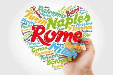 Wall Mural - List of cities and towns in Italy composed in love sign heart shape, word cloud collage with marker, business and travel concept background