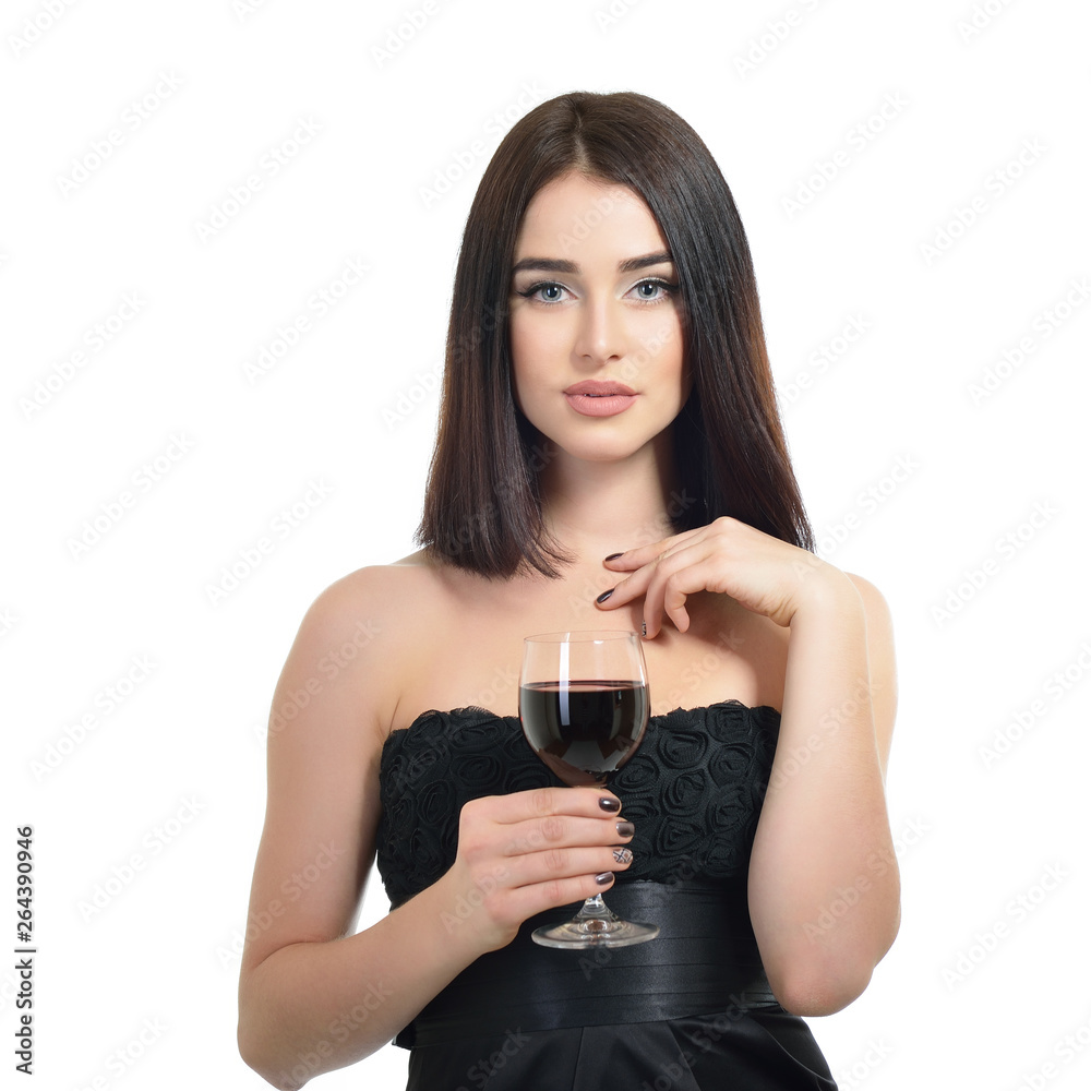 Young attractive woman holding glass of red wine. Pretty lady drinks  alcoholic drink. Beautiful girl wearing black dress with glass of wine  isolated on white background. Stock Photo | Adobe Stock