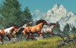 Four wild mustangs gallop by fir trees and up a grassy hillside in the Rocky Mountains, One is brown, but the others are all paint horses. Their manes blow in the wind as they race. 3D Rendering