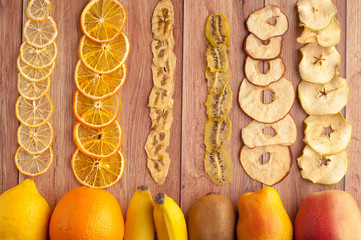 Healthy snack. Homemade fruit chips and fresh fruits.