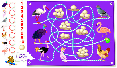 Printable educational page for kids. Count how many eggs each of birds have in their nest. Write the numbers in circles. Worksheet for baby textbook.