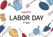 happy labor day text  with simple doodle line equipment at background use as greeting card in retro style