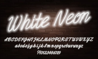 Aufkleber - White Neon script alphabet font. Neon color lowercase and uppercase bright letters and numbers. Stock vector typescript for your typography design.