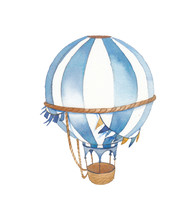 Watercolor Festive Illustration. Hand Painted Vintage Flags Garlands, Hot Air Balloon Isolated On White Background. Baby Boy Greeting Card
