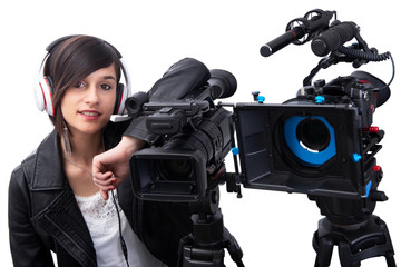 Wall Mural - young woman with professional video camera, on white