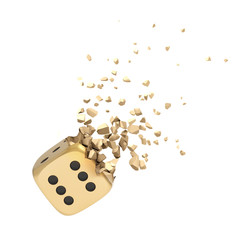 Poster - 3d rendering of golden casino dice shattering into small pieces isolated on white background