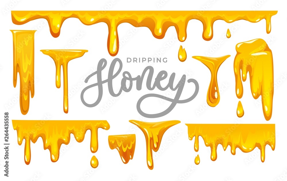 Dripping honey on white background. colorful collection of delicious honey drops. Melted honey isolated on white background. Vector illustration. - obrazy, fototapety, plakaty 