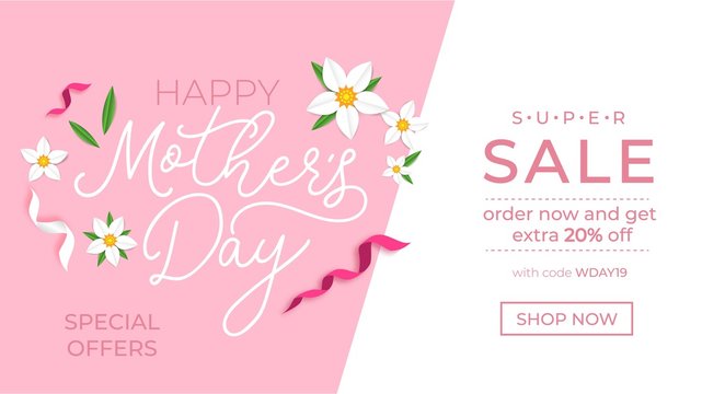 Wall Mural - Mother's day promotion banner design template. Mother's day sale concept with ribbons and flowers. Vector illustration