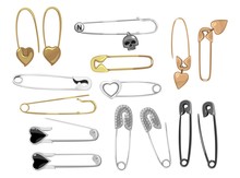 Safety Pins Vector Set. Gold, Silver Safety Pins With Decorative Elements Isolated On White Background.
