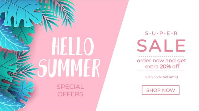 Wall Mural - Summer sale tropical banner. Hello summer lettering with paper exotic leaves and sale promotion text. Vector sale illustration template