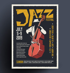 Poster, placard, flyer, invitation template for jazz music festival, concert, event bass player. Vector illustration in hand drawn cartoon style.