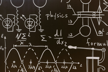 physical and chemical formulas and graphs on a black school board