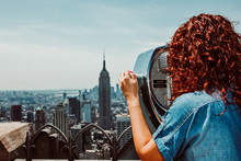 Young Woman Enjoying The New York Skyline From High Skyscrape In The Morning. Travel Photography