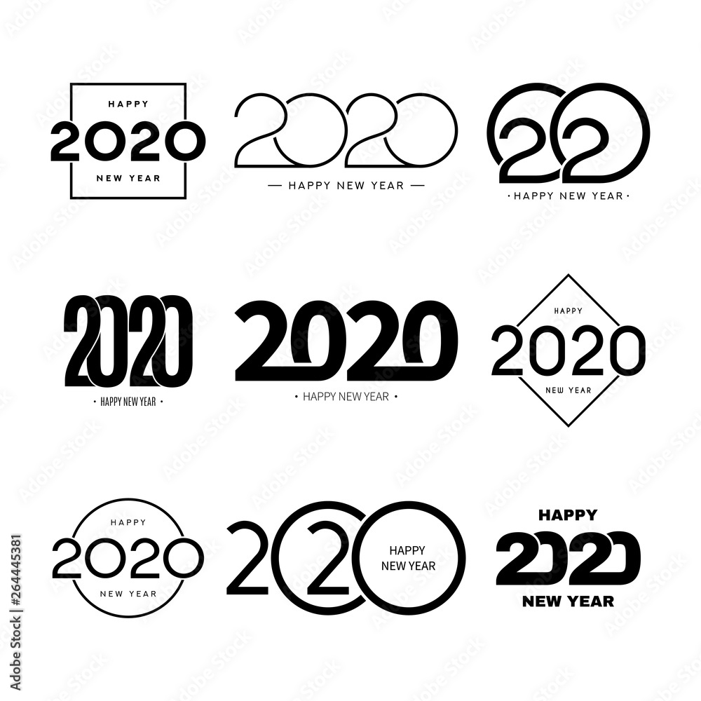 Set of 2020 happy new year signs. Collection of 2020 happy new year symbols. Vector illustration with black holiday labels isolated on white background. - obrazy, fototapety, plakaty 