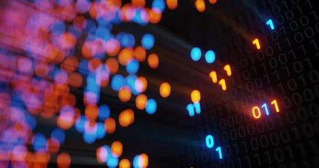 Abstract seamless blue orange digital binary code matrix background VJ loop with flare. Futuristic Big data information technology, data center, block chain, server, internet, hi-speed. 3D render