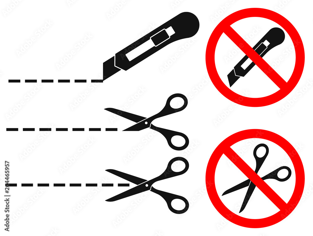 Cut line with scissors and stationery knife. Vector illustrations set ...