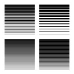Linear halftone background with gradient effect. Set of vector illustrations. Black lines of decreasing width isolated on white background. Speed lines for manga and comics. Abstract striped texture.