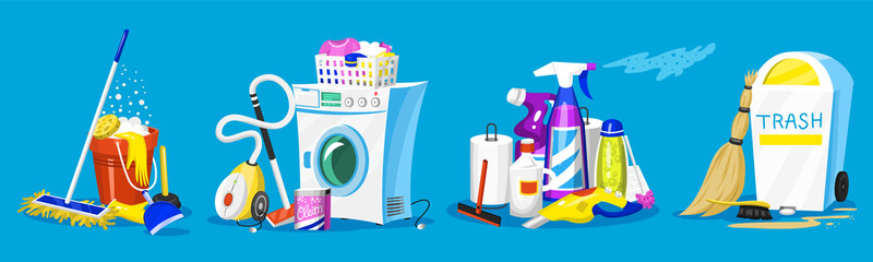 Cleaning tools. Set of House icons for poster. Washing machine, Detergents Cleanser for apartments, Water bucket for Mopping, Vacuum cleaner Scoop, Chemicals Appliances for service. Cartoon Household.