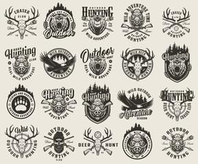 vintage monochrome hunting emblems set