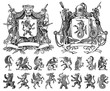 Heraldry in vintage style. Engraved coat of arms with animals, birds, mythical creatures, fish, dragon, unicorn, lion. Medieval Emblems and the logo of the fantasy kingdom.