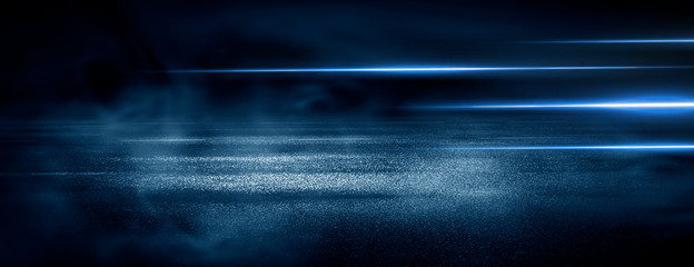 Dark empty scene, blue neon searchlight light, wet asphalt, smoke, night view, rays.