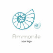 Fossil ammonite nautilus seashell vector logo. Hand drawn illustration for spa salon, seafood cafe, restaurant, corporate identity. Isolated vector of ancient ammonite fossil. Object for logo, card.