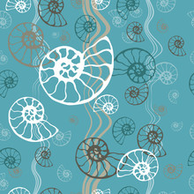 Seamless Blue Sea Pattern Fossil Ammonite Nautilus Seashell Vector. Hand Drawn Illustration For Spa Salon, Seafood Cafe, Restaurant, Corporate Identity. Seamless Vector Background With Fossil Shells.