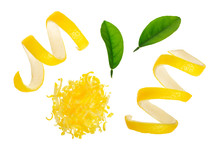 Lemon Peel And Zest With Leaf Isolated On White Background. Healthy Food