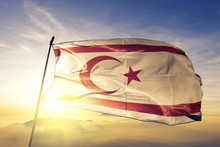 Turkish Republic Of Northern Cyprus Flag Waving On The Top Sunrise Mist Fog