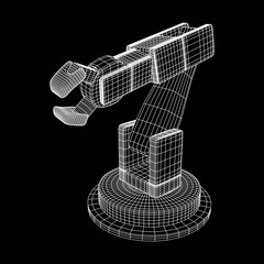 Robotic arm manufacture technology industry assembly mechanic hand wireframe low poly mesh vector illustration