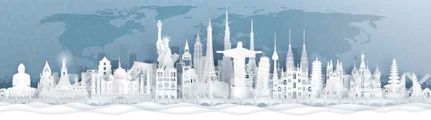 panorama postcard and travel poster of world famous landmarks of europe, asia and america in paper c