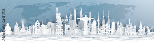 Cuadros en Lienzo Panorama postcard and travel poster of world famous landmarks of Europe, Asia an