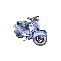 Scooter retro watercolor illustration. Hipster vintage travel vehicle Isolated on white background. Beach summer design for card poster