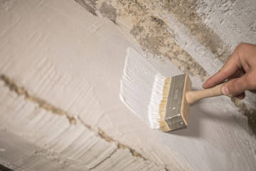 house painter paints the wall with white paint