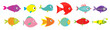 Cute cartoon fish icon set line. Sea ocean animal. Baby kids collection. Flat design. White background. Isolated.