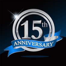 15th Anniversary Logo With Blue Ribbon And Silver Ring, Vector Template For Birthday Celebration.