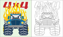 Coloring Book Or Page Of Monster Truck Cartoon With Flame