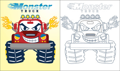 Wall Mural - Coloring book or page of monster truck cartoon with creepy smile