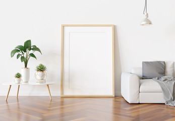Aufkleber - Wooden frame leaning in bright white living room with plants and decorations mockup 3D rendering