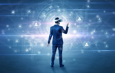 manager with vr headset and social network research concept