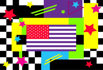 Wall Mural - American flag colorful pop art backgorund with pink stars vector illustration and black and white mosaic