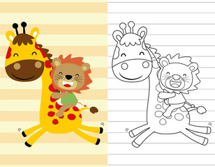 coloring book or page with lion ride on giraffe on striped background