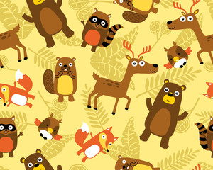seamless pattern vector with funny animals cartoon on leaves background