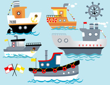 Vector Set Of Boat Cartoon With Sailing Equipment